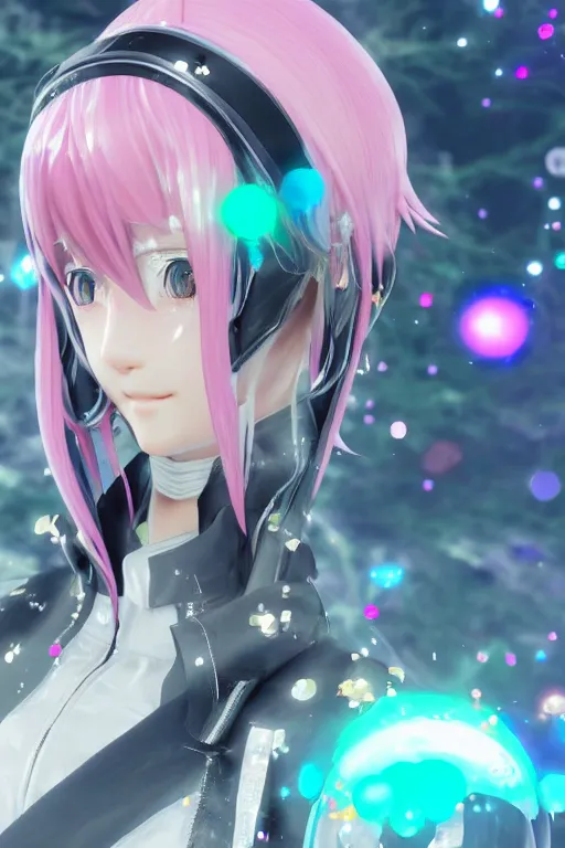 Image similar to portrait of a kawaii 3d anime character with cute sparkly eyes wearing a futuristic visor kawaii deco fashion long hair with pastel colors in the style of code vein character by Kurumi Kobayashi Koichi Itakura, 3d anime, octane render dynamic dramatic lighting with glitch and chromatic abbreviations effects artstation cgsociety imaginefx by anime concept artist rendered in unreal engine by WENJR WLOP artgerm