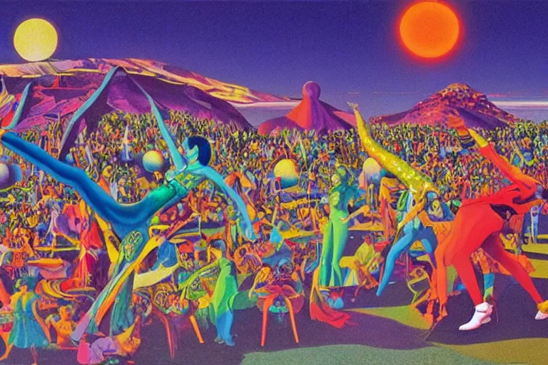 Image similar to a beautiful view of a groovypunk dance in a san francisco park, art by ron walotsky and peter max and roger dean