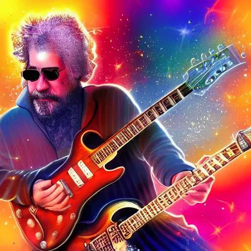 Image similar to a Jerry Garcia guitarist playing so intensely there is electricity shooting out from his guitar, energy beams under his finger tips, and magic sparkles from the freboard, amazing ditial art, trending on artstation, featured on deviantart