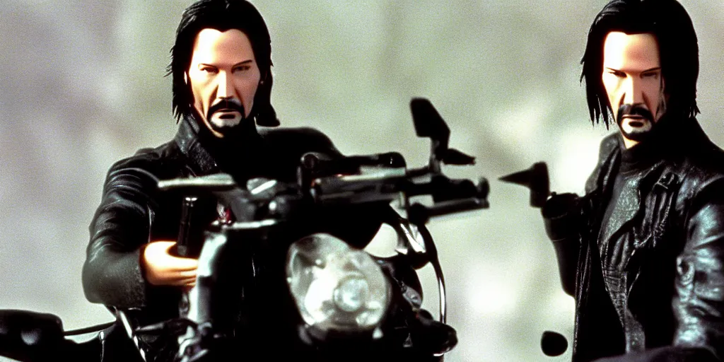 Prompt: beautiful hyperrealism three point perspective film still of Keanu Reeves as neo with machine gun in a motorcycle chase scene in Matrix(1990) extreme closeup portrait in style of 1990s frontiers in translucent porclein miniature street photography seinen manga fashion edition, miniature porcelain model, focus on face, eye contact, tilt shift style scene background, soft lighting, Kodak Portra 400, cinematic style, telephoto by Emmanuel Lubezki