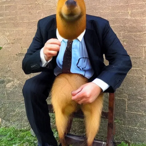 Image similar to smoking cigar, a man wearing a suit capybara head wearing a hat (smoking cigar)