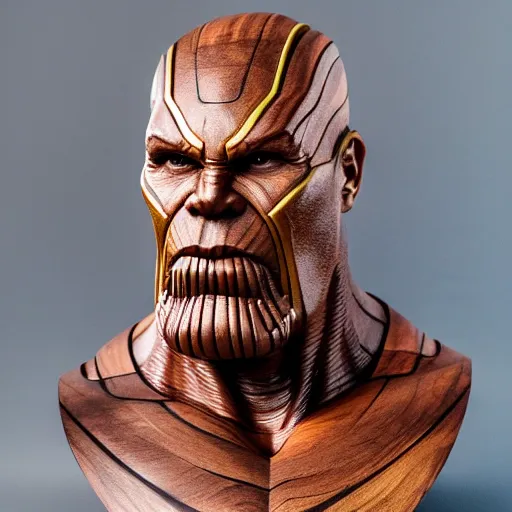 Image similar to a completely made of wood, real - world sculpture bust of the thanos marvel character, made of highly polished walnut wood, polished, cedar, polished tiger - wood. photograph, photographic, 3 5 mm