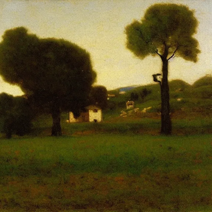 Image similar to a building in a landscape, by george inness