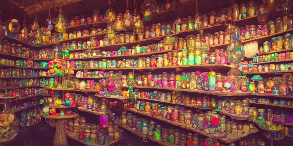 Image similar to Inside an old magical sweet shop, large jars on shelves, beautiful labels, fantasy vendor interior, wide angle, cinematic, highly detailed, photo-realistic, rich bright colors, trending on artstation, trending on cgsociety, 8K