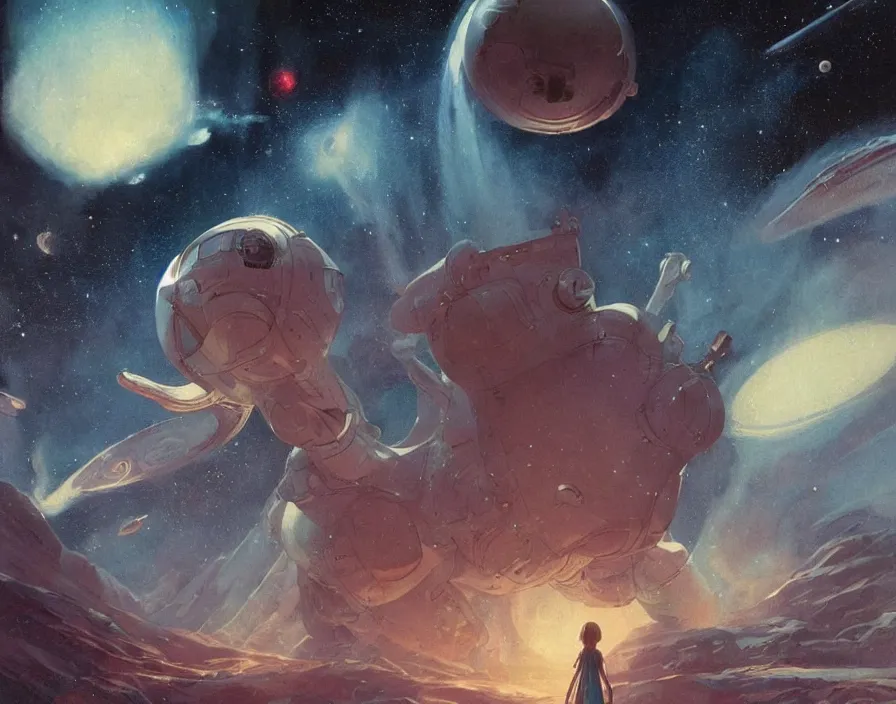 Image similar to illustrated by moebius and greg rutkowski, romantic!!! space scene!! with standing young girl!!!!, orbit of earth!, futuristic orbital station!!!!, nebulae!!, starry sky!!, rule of third!!!!, vintage cover of sci - fi magazine, cinematic!!