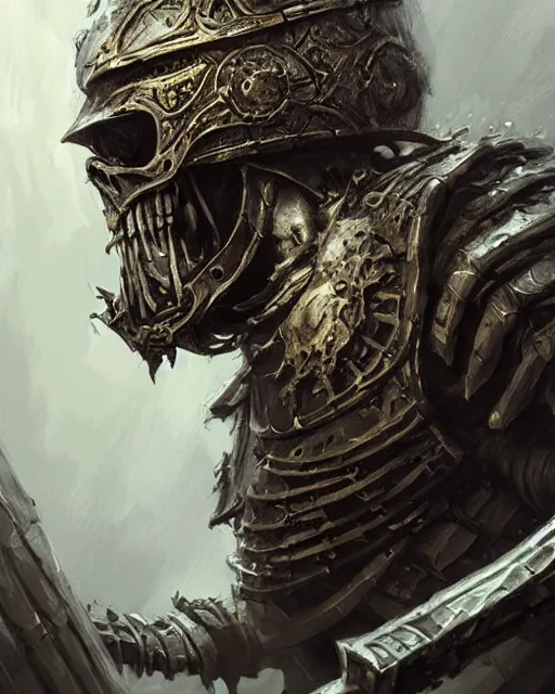 Image similar to skeletal warrior, intricate helm wielding a sword, hyper realistic, fantasy art, in the style of greg rutkowski, intricate, hyper detailed, smooth