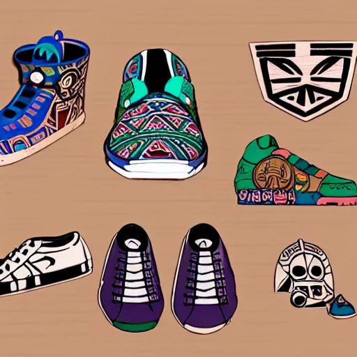 Image similar to sneaker design designed by studio ghibli, aztec mayan street fashion native punk sneaker design, majora's mask, wearing wooden mask, hip hop sneaker design with subtle mayan patterns, gapmoe yandere grimdark, trending on pixiv fanbox, painted by greg rutkowski makoto shinkai takashi takeuchi studio ghibli, akihiko yoshida