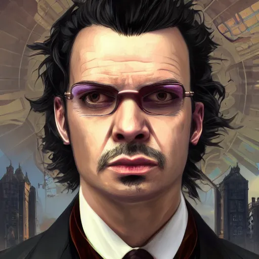 Prompt: [UHD Professor Moriarty as a GTA characters on the streets of futuristic steampunk London, correct face, intricate facial details, symmetrical face, elegant, graphic detail, digital painting, trending on artstation, concept art, tonalism, sharp focus, illustration, art by Akira Toriyama and Greg Rutkowski and Alphonse Mucha]
