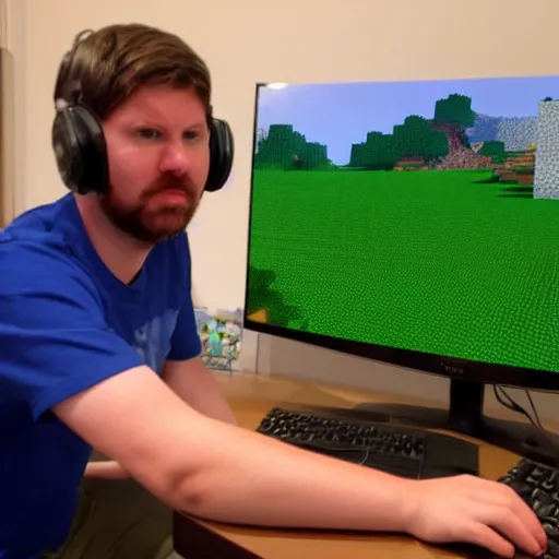 Prompt: steve from minecraft playing minecraft on his computer