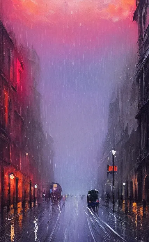 Prompt: a beautiful illustration of rainy victorian london at sunset, art of alena aenami, featured on artstation, vertical orientation, paint brush strokes, expressionism, brushstroke - laden, breathtaking clouds, traffic lights, wet concrete, beauttiful stars, cables, long exposure, gigantic sun, airy theme, red purple gradient, lens flare