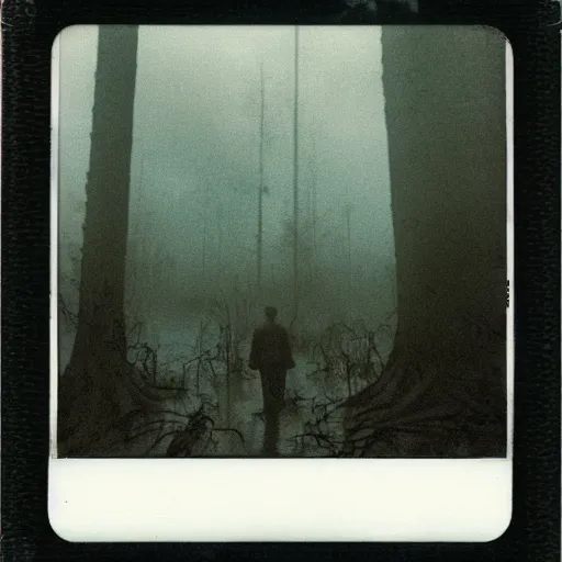 Prompt: an eerie, foggy swamp, with strange creatures lurking within. scary, grotesque, old photo, polaroid