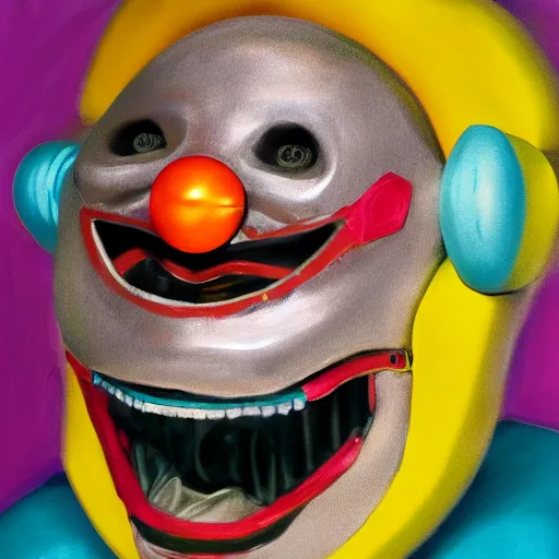 Prompt: robot clown laughing, portrait