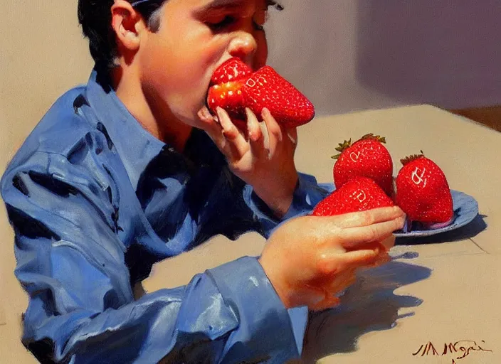 Image similar to a highly detailed beautiful portrait of elvis presley eating strawberry, by gregory manchess, james gurney, james jean