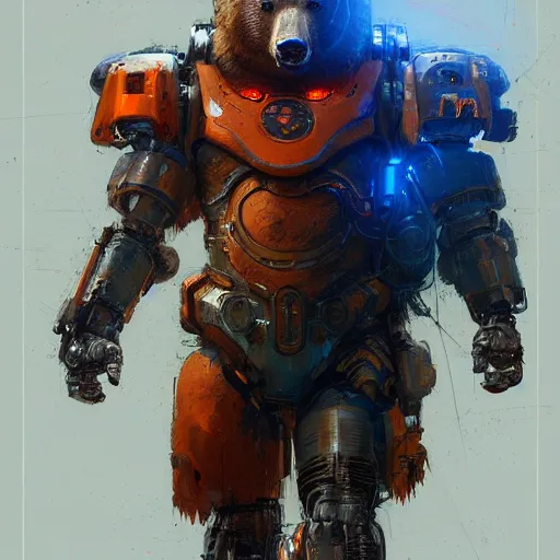 Prompt: intricated illustration of a cyborg bear with orange and dark blue body armor, realistic, ultradetailed, concept art, art by greg rutkowski and thomas kinkade, trending on artstation, devianart, cgsociety