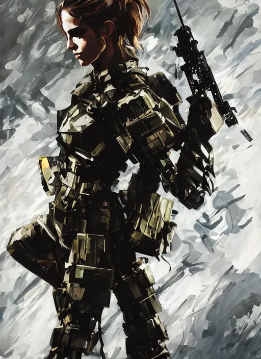 Image similar to fashion model emma watson wearing metal gear armor holding rifle dramatic lighting art by Yoji Shinkawa by Richard Schmid by Sandra Chevrier cinematic dramatic