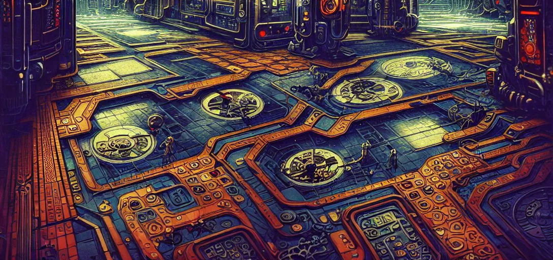 Image similar to cyberpunk steampunk tiled floor, one point perspective, high details, line art, by vincent di fate and joe fenton, inking, screen print, masterpiece, trending on artstation, sharp,, hyper - detailed, hd, 4 k, 8 k