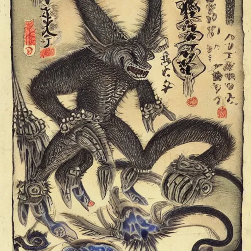 Prompt: strange bestiary of repressed unconscious yokai simorg chimeras