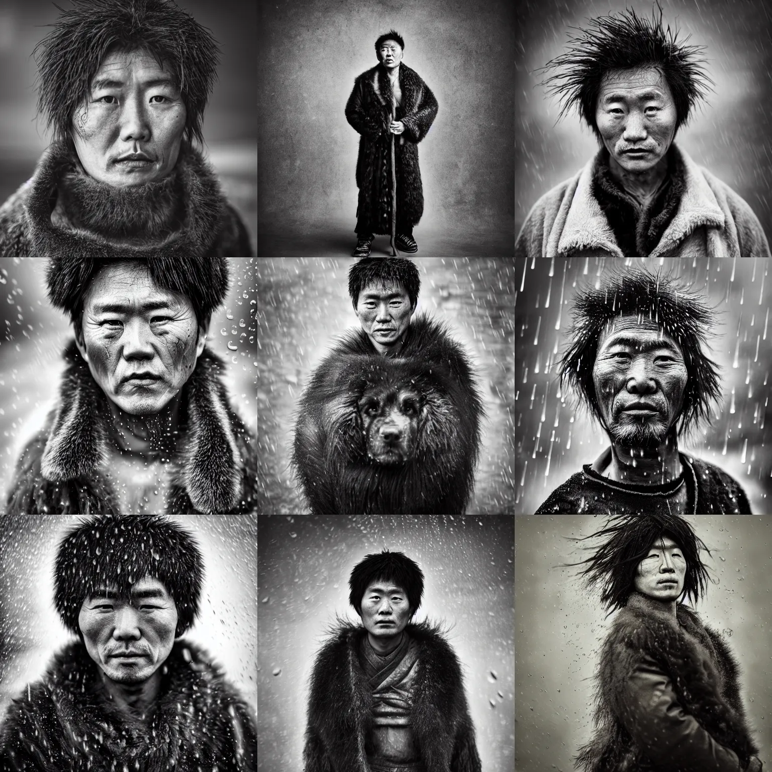 Prompt: Award Winning reportage Full-body Portrait of a Early-medieval weathered Korean Male in the driving rain with incredible hair and beautiful eyes wearing animal furs and traditional garb with Black Tibetan Mastiff dogs around by Lee Jeffries, 85mm ND 4, perfect lighting, gelatin silver process