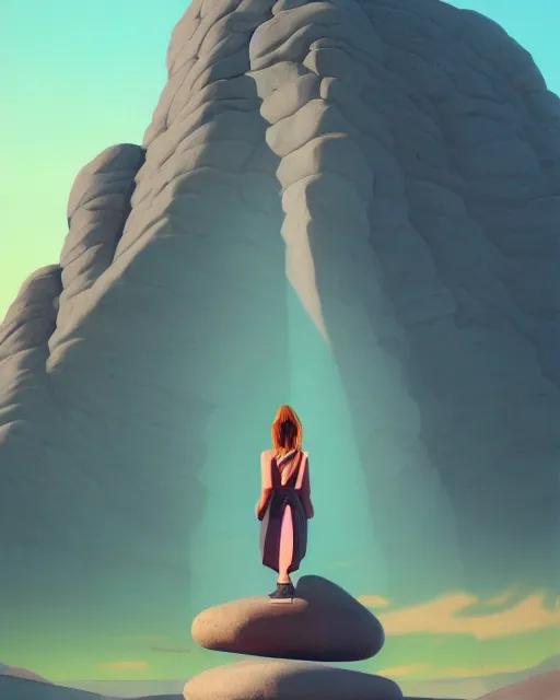 Image similar to a painting of a real woman standing in front of a huge stone statue, a screenshot by stanley twardowicz, cgsociety, aestheticism, aesthetic, vaporwave, anime aesthetic