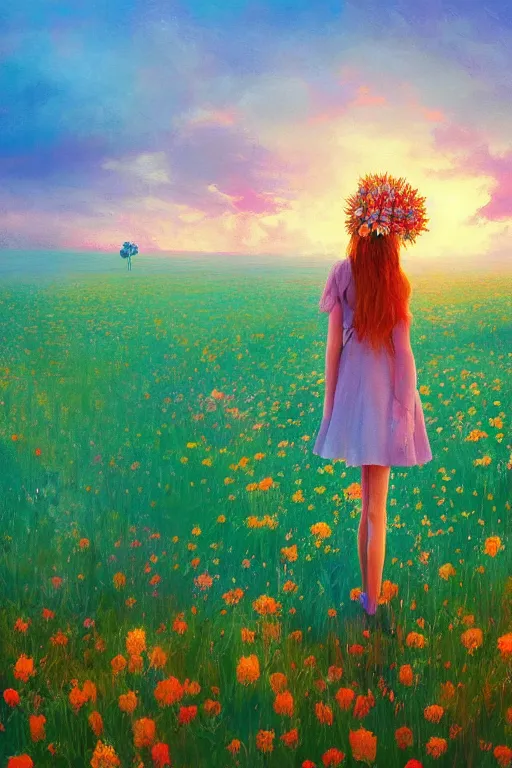 Image similar to closeup, giant flower head, girl standing in a field of flowers, surreal photography, sunrise, blue sky, dramatic light, impressionist painting, digital painting, artstation, simon stalenhag