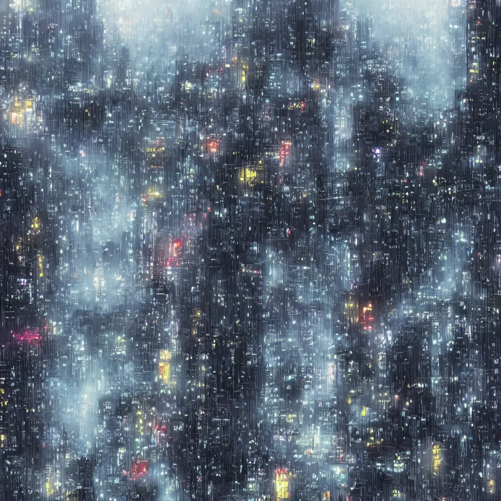 Image similar to beautiful raining anime cityscape, tall buildings and grey fog, trending on pixiv