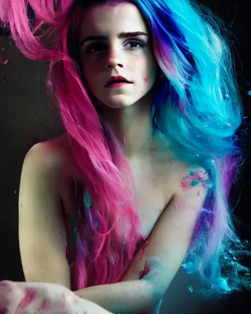 Prompt: a dramatic lighting photo of a beautiful young woman emma watson with cotton candy hair. paint splashes. with a little bit of cyan and pink