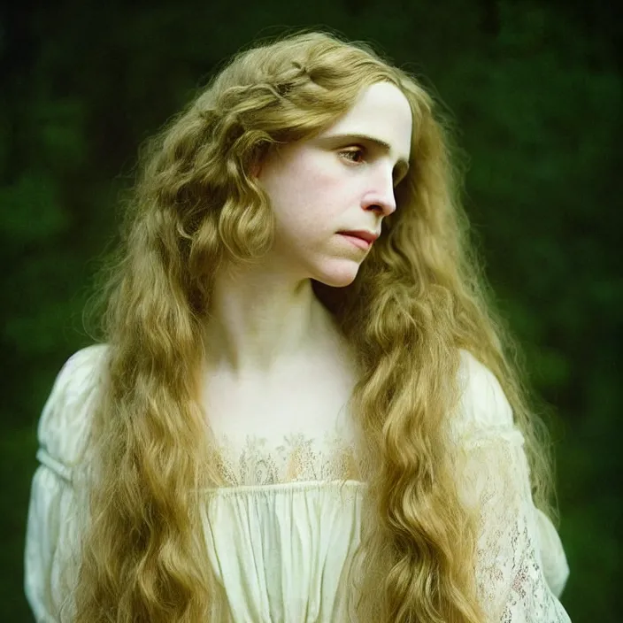 Image similar to Kodak Portra 400, 8K, warm and soft lighting, volumetric lighting, highly detailed, brit marling style 3/4 ,portrait photo of a beautiful woman how pre-Raphaelites painter, inspired by Julie Dillon , a beautiful lace dress and hair are intricate with highly detailed realistic beautiful flowers , Realistic, Refined, Highly Detailed, natural outdoor soft pastel lighting colors scheme,faded colors, outdoor fine art photography, Hyper realistic, photo realistic