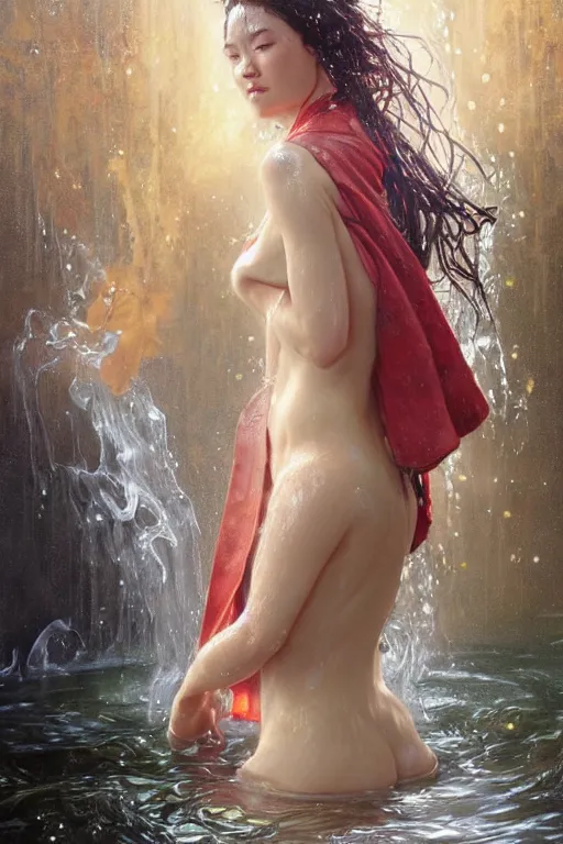 Image similar to portrait of a beautiful woman wearing a shaolin robe, drenched body, wet dripping hair, emerging from the water, fantasy, regal, fractal crystal, fractal gems, by stanley artgerm lau, greg rutkowski, thomas kindkade, alphonse mucha, loish, norman rockwell ross tran