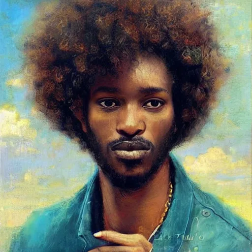 Image similar to east african man with curly hair, philosophical, contemplative, vintage, by jose miguel, francois fressinier, giovanni battista, jose miguel, beautiful, dreamy