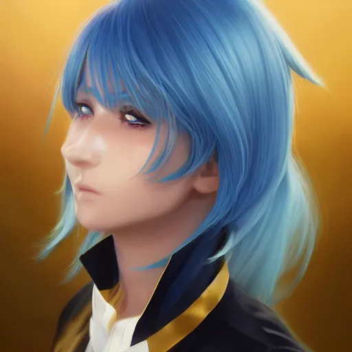 Image similar to profile shot of rimuru tempest looking forward, sky blue hair, straight hair, pretty, long bangs, gold amber eyes, black jacket with white stripes and a high frilly collar, highly detailed, unreal engine 5, digital painting, concept art, cinematic, wlop | artgerm, pixiv, ilya kuvshinov, greg rutkowski