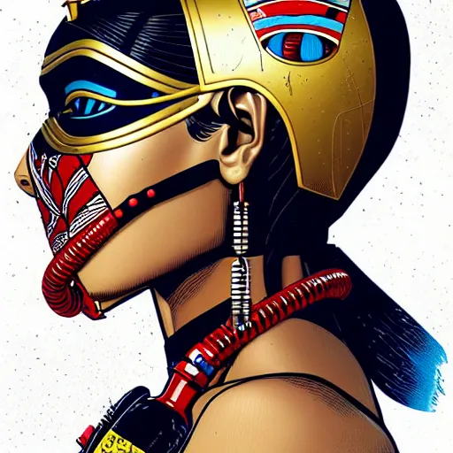 Image similar to a profile photo of a egyptian woman with a diving oxygen mask with side profile blood in ocean intricate details by MARVEL comics and Sandra Chevrier-C