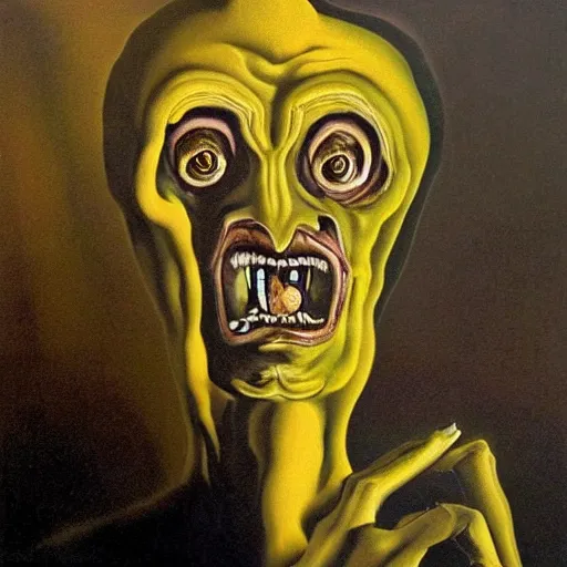 Image similar to Oil painting with black background by Christian Rex Van Minnen Robert Williams Salvador Dali of a portrait of an extremely bizarre disturbing mutated man with intense chiaroscuro lighting perfect composition