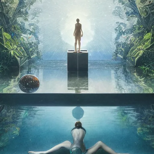 Image similar to minimalistic, hyperrealistic surrealism, award winning masterpiece with incredible details, epic stunning, infinity pool, an astronaut alone inside an empty dark flooded ballroom overgrown with aquatic plants, highly detailed, trending on ArtStation, artgerm and greg rutkowski and alphonse mucha, daily deviation, IAMAG