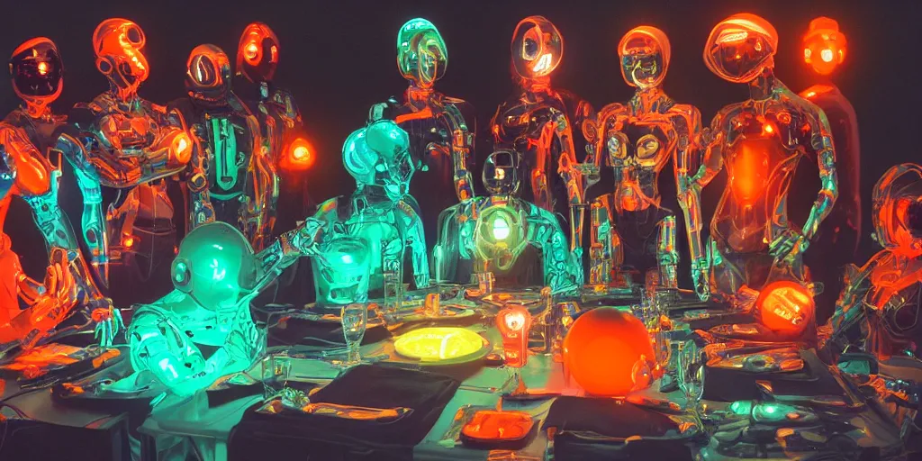 Image similar to !13 diverse cybersuits on !one_side of a reflective !cybernetic table, !!posing_as_last_supper, detailed glowing orange implants, teal, satin, !!highly detailed, beautiful lighting