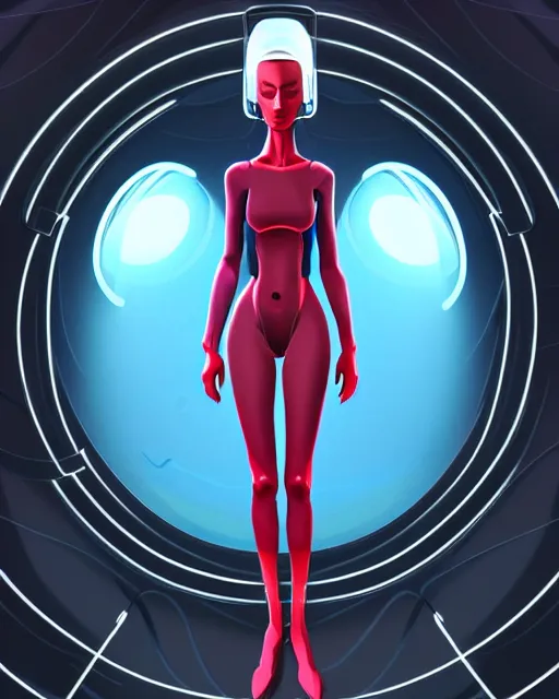 Image similar to symmetrical!! full body concept art for a futurstic alien girl, wearing tight futurstic simple clothes, walking inside of a futuristic life pod on an alien world | | epic - fine - clean, polished, trending on artstation, brush strokes