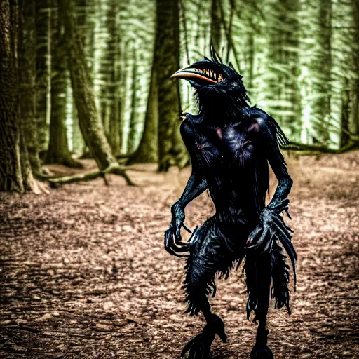 Image similar to werecreature consisting of a human and crow, photograph captured in a forest