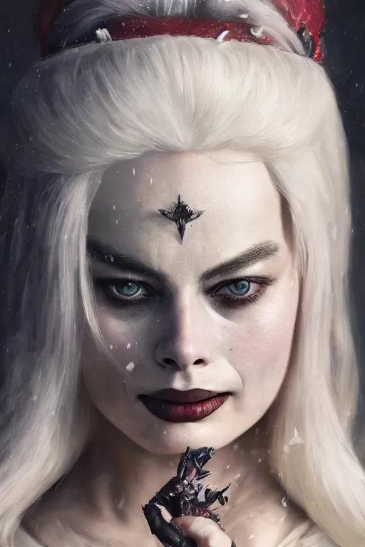 Image similar to a fancy portrait of Margot Robbie as lady death its self by Greg Rutkowski, Sung Choi, Mitchell Mohrhauser, Maciej Kuciara, Johnson Ting, Maxim Verehin, Peter Konig, final fantasy, mythical, macro lens, 35mm, 8k photorealistic, cinematic lighting, HD, high details, atmospheric,