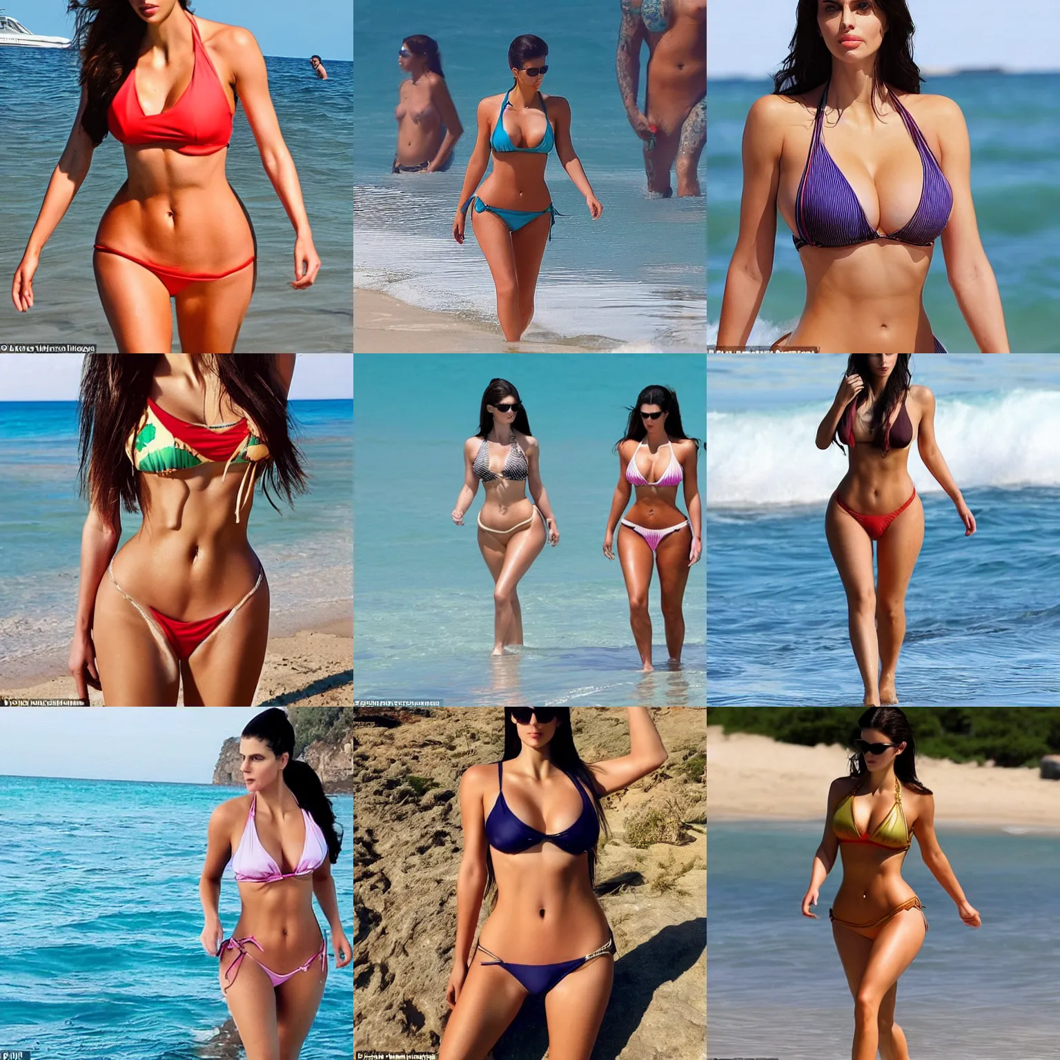 Prompt: a woman in bikini who is a genetic combination of kim kardashian and alexandra daddario and upper - body focus