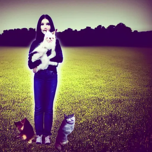 Prompt: a woman with long dark hair holding a cat in her arm standing on steps in a field at night, a hologram by kusama, instagram, optical illusion, full body, ultra hd, neon, pexels contest winner, high quality photo, rtx, hd, shiny eyes