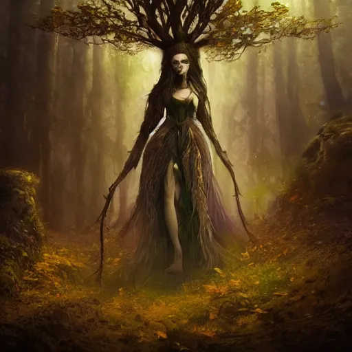 Image similar to cinematic portrait of a, dryad priestess, inspired by brian froud, inspired by dungeons and dragons, in an evening autumn forest, art station, sunset evening lighting, ominous shadows by jessica rossier and greg rutkowski