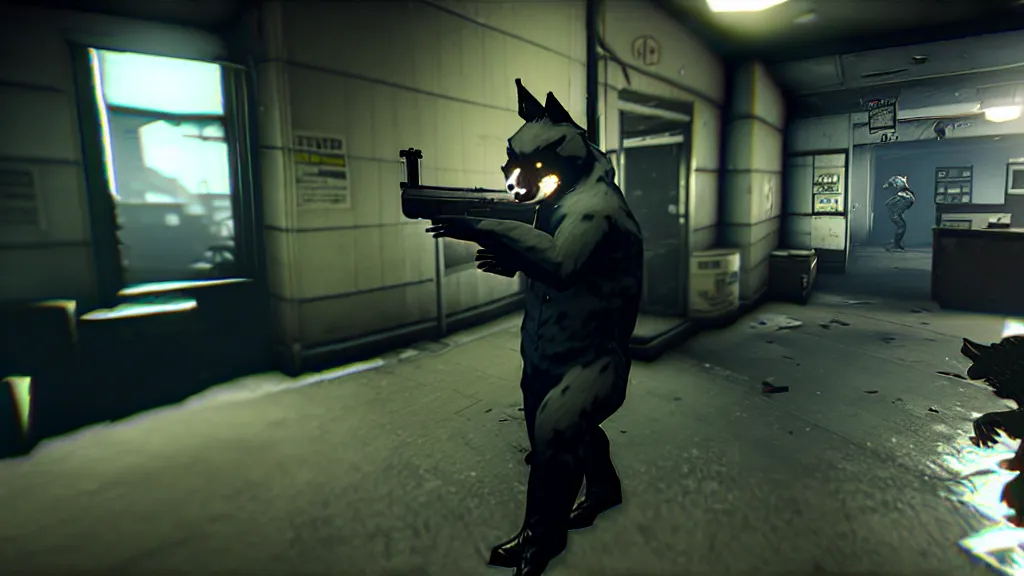 Image similar to screenshot from the pc game payday 2 demonstrating the fursuit unlock - hoxton? more like foxton.