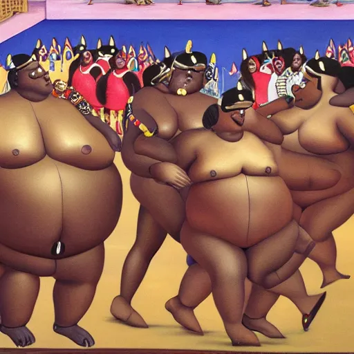 Prompt: an extremely obese ssbbw africn queen with a golden crown being carried through a vast and endless open air buffet by an army of servants, by fernando botero.