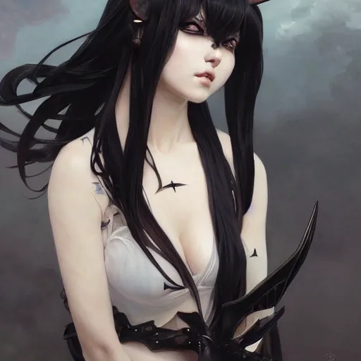 Prompt: a beautiful anime girl wtih balck horns and single neck ring and bat wings,full body painting,by Greg Rutkowski and Ilya Kuvshinov and Alphonse Maria Mucha,super clear detailed,hyper realistic,trending on artstation,8k