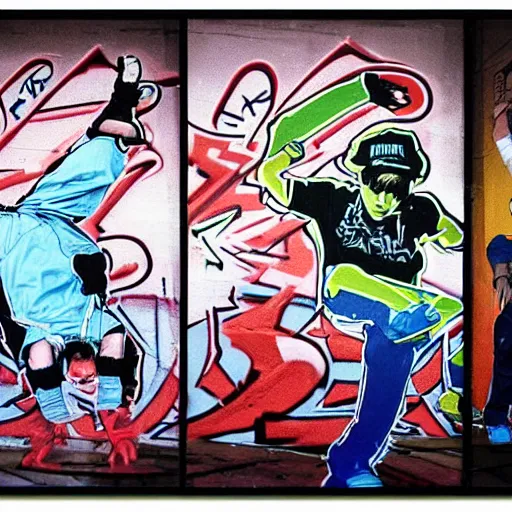 Image similar to four breakdancers battling in the bronx in 1984, by Andy Warhol, gritty, energetic, hyperrealistic, intricate graffiti, Moody lightning, trending on artstation