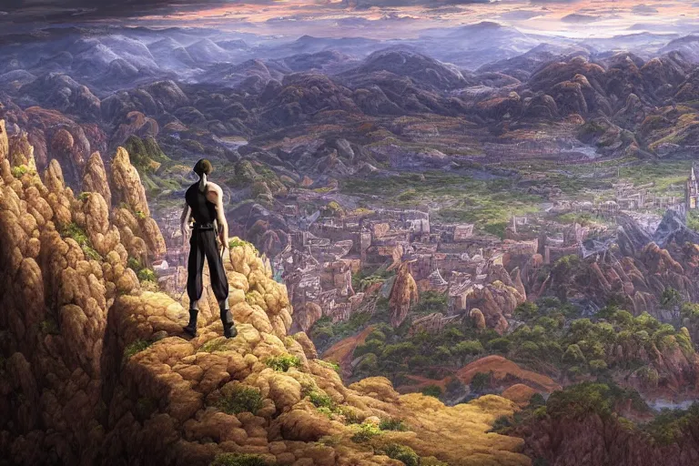 Image similar to an ultra detailed matte landscape painting of an extremely tall and strong young man with short brown hair standing on a cliff overlooking a medieval capital built on top of many hills, italian renaissance architecture, epic anime fantasy, 8 k, volumetric lighting, smooth, highly detailed, digital illustration, art by kentaro miura and akira toriyama and artgerm