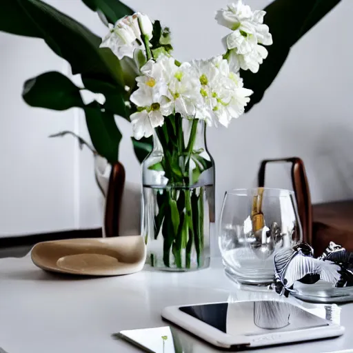 Prompt: luxurious white modern table with flower vase and iphone