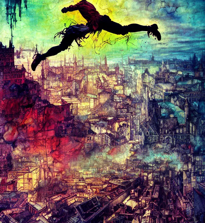 Prompt: realistic detailed image of a man jumping of a roof of ruined city, corrupted oversaturated 4 k uncropped photo by arthur rackham and francis bacon, high quality, ultra detailed. masterpiece, oil on canvas painting, pixel sorting, glitch, datamosh. bold and vivid acid neon colors. 8 k