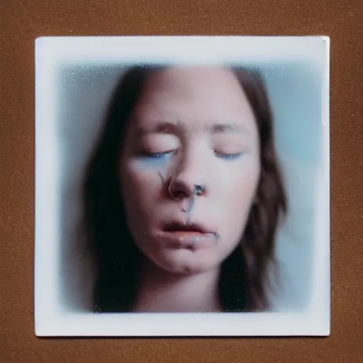 Image similar to a liquid porcelain portrait of a girl face melt down, realistic detailed photography polaroid