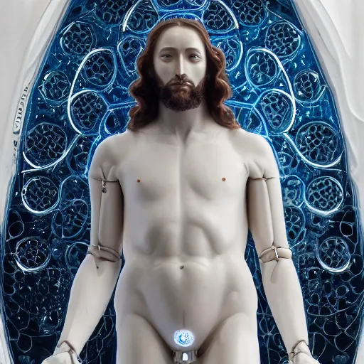 Prompt: beautiful centered fine art photo of jesus christ as a solarpunk robotic humanoid, white mechanical parts with led lights, bouguereau style pose, photorealistic, white background, highly detailed and intricate, soft box lighting, hdr 8 k