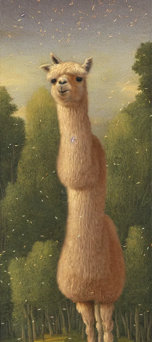 Prompt: detailed renaissance oil painting of an alpaca standing on a building standing in the forest of pastel feathers lit by small fireflies at night